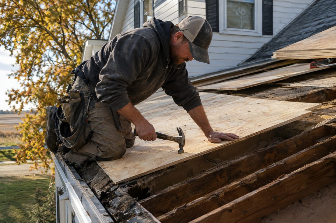 A roofer replacing rotted decking boards with new plywood at a two-story Iowa farmhouse-style home with maples in Waterloo, IA