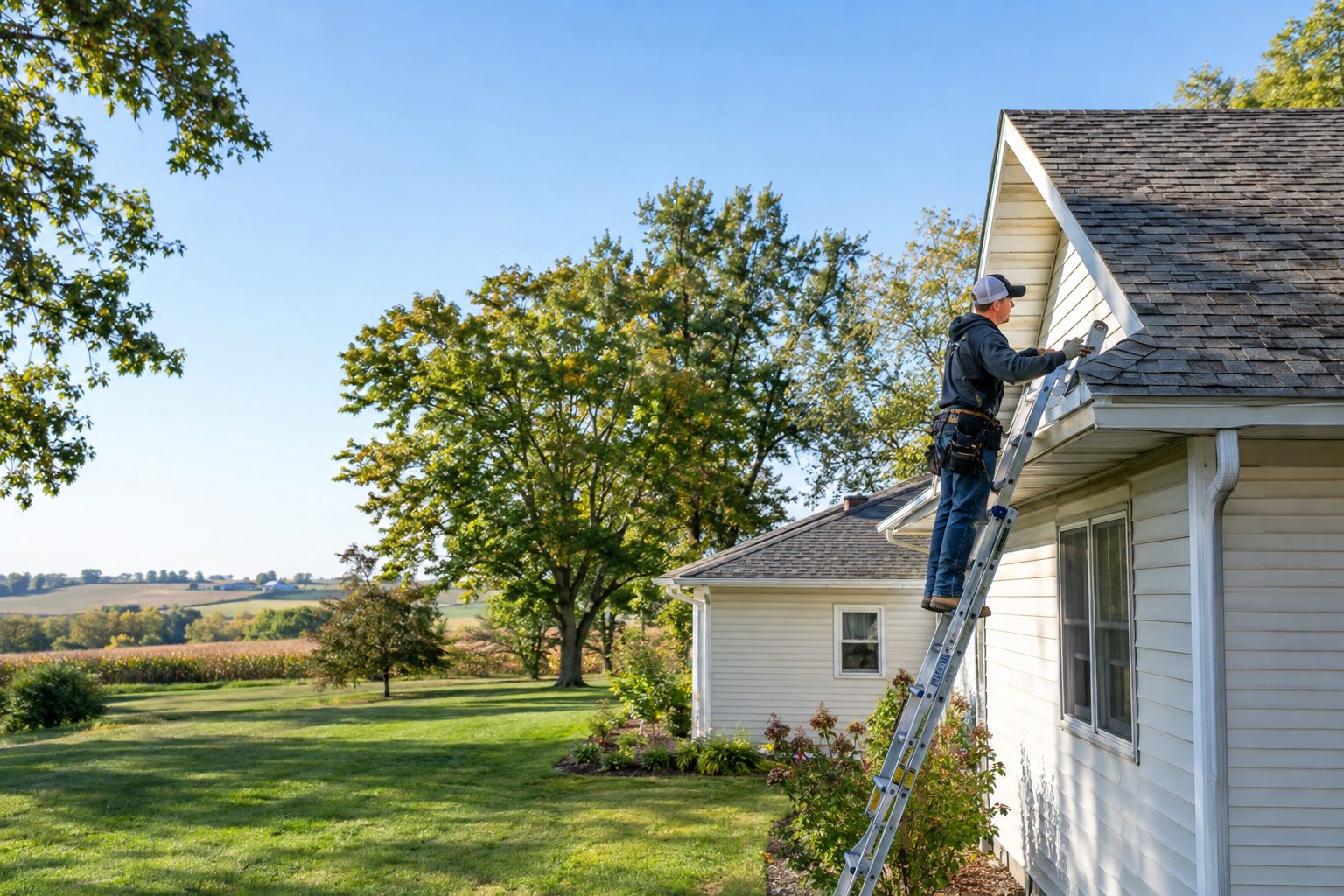 A roofing contractor inspects shingles from a ladder beside an older Highland home, with the roofline and yard visible outdoors in Highland, IA