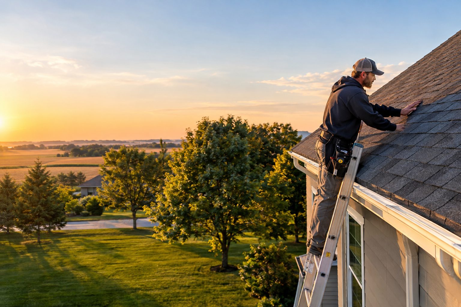 A roofing contractor inspects shingles from a ladder beside a pitched-roof home in Prospect Hills on a clear day in Prospect Hills, IA